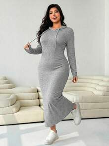 Solflare Vestido casual con capucha y cordón para mujer talla grande, color gris claro, para otoño - Gris Claro - Ver 3