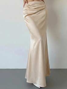 Firerie Women's Satin Pleated Low Waist Wrap Maxi Skirt, Satin Midi Skirt, Bodycon Fishtail Hem Skirt, Elegant Office & Casual Wear Skirt, Spring/Autumn/Winter - Apricot - View 3