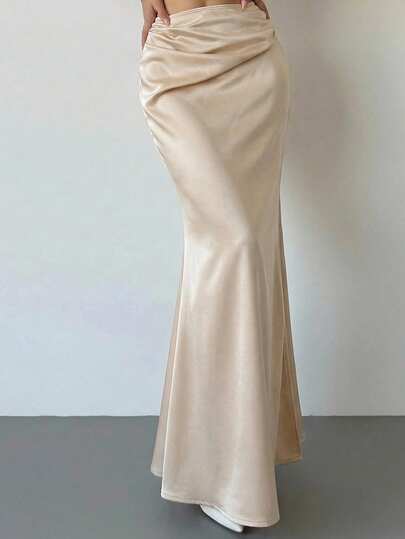 Firerie 女士缎面褶裥低腰裹身长裙，缎面中长裙，修身鱼尾裙摆裙，优雅办公休闲两相宜，春秋冬季