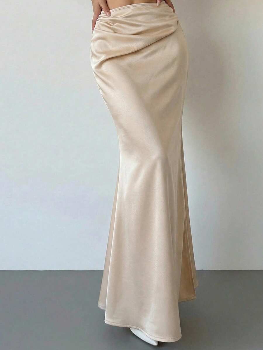 Firerie 女士缎面褶裥低腰裹身长裙，缎面中长裙，修身鱼尾裙摆裙，优雅办公休闲两相宜，春秋冬季 - 杏色 - 查看 1