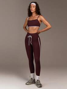 Fluxe Set de 2 piezas: Top corto deportivo y leggings de cintura alta con cordón para mujer - Café integral - Ver 9