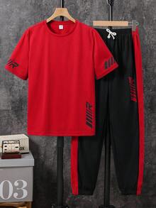 SHEIN 2件套青少年男童休闲日常舒适印花圆领宽松短袖T恤和直筒印花撞色针织裤套装 - 紅色 - 查看 1
