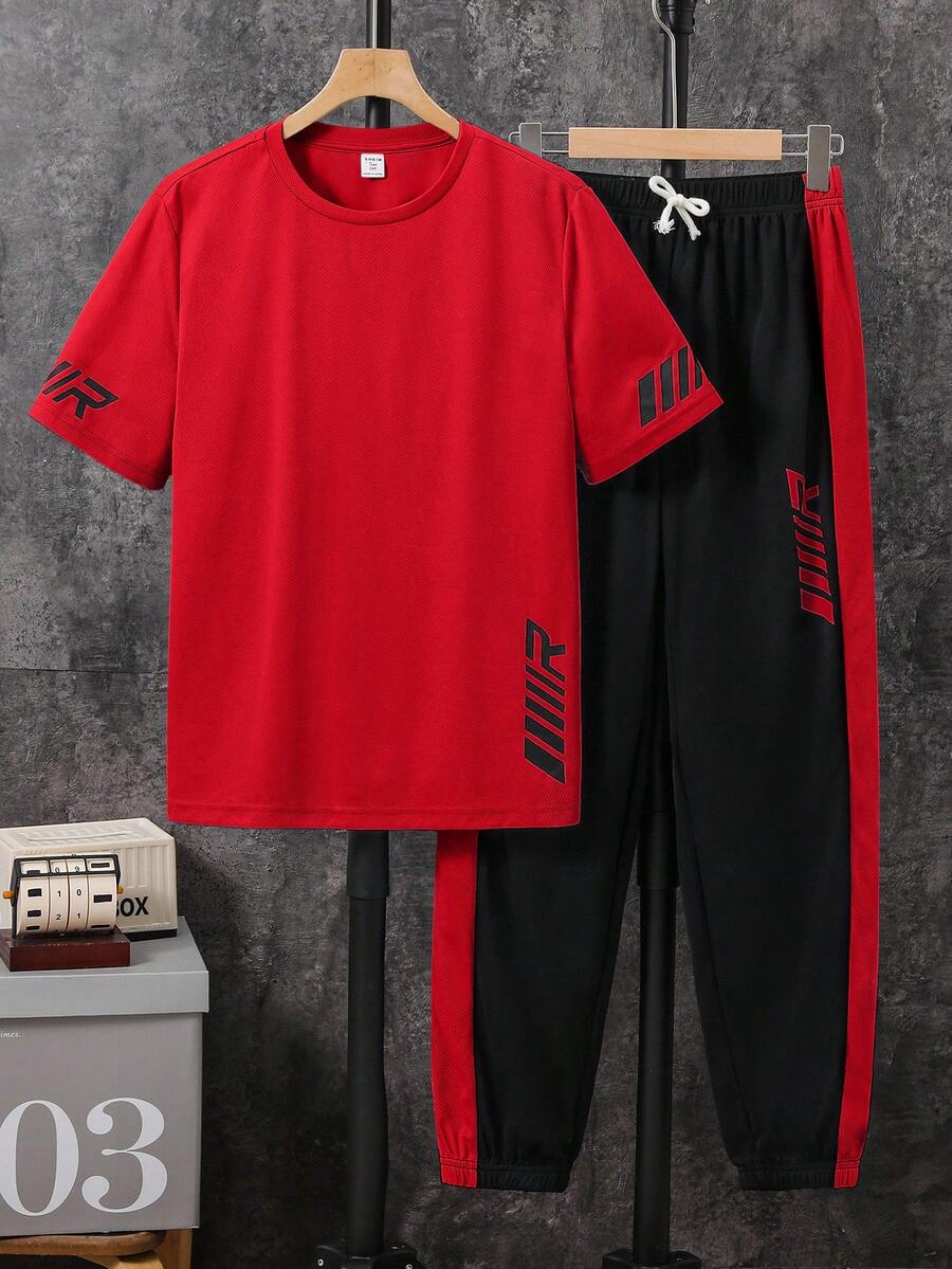 SHEIN 2件套青少年男童休闲日常舒适印花圆领宽松短袖T恤和直筒印花撞色针织裤套装 - 紅色 - 查看 1