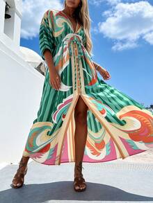 INAWLY Women's Vacation Striped Batwing Sleeve Tie Waist Casual Midi Dress - Green - View 5