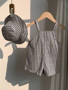 SHEIN Bộ 2 món cho bé trai/bé gái, gồm yếm ăn và mũ tai bèo kẻ sọc mùa hè, trang phục thường ngày cho ở nhà, đi nghỉ mát, đi biển. - Nhiều màu - Xem 2