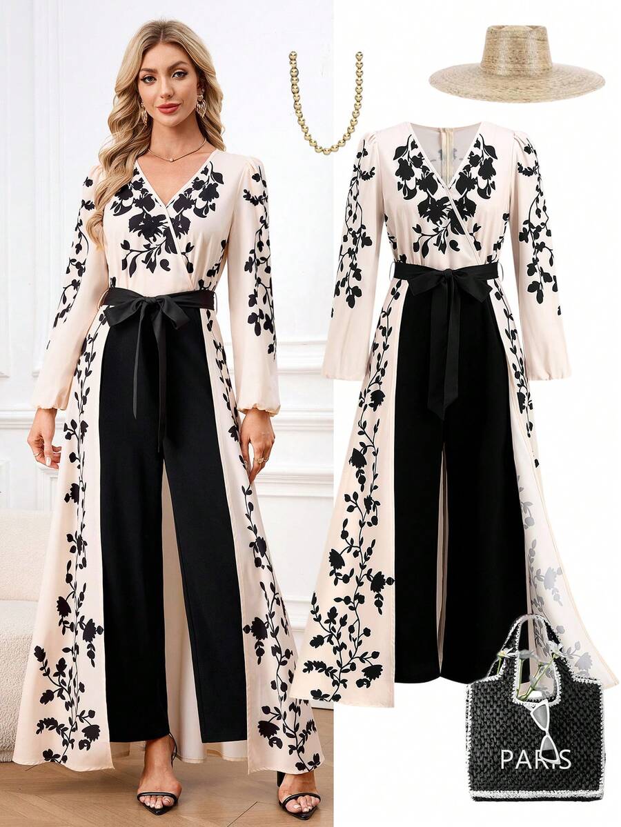 Ellevyn 女士印花拼接V领长袖优雅连体裤