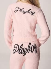 Missguided x Playboy Button Up Fitted Fluffy Knit Cardigan With Crystal Embellished Front Closure And Drawstring Bottom - Pink - View 5