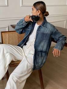 DAZY 做旧水洗宽松翻领长袖休闲街头秋冬女式外套 - 藍色 - 查看 6