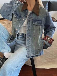 DAZY 西部牛仔风拼接撞色宽松翻领长袖休闲街头秋冬女式外套 - 藍色 - 查看 7