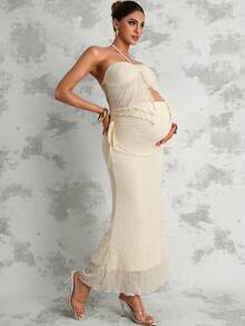 MaterniChic Maternity Clothes Maternity Co Ord Summer Pregnant Clothes Apricot-Colored Textured Two-Piece Set, Halter Collar Soft And Comfortable Elegant - Apricot - View 4