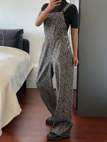 Livesso Women's Leopard Print Pocketed Casual Wide Leg Denim Jumpsuit, Autumn/Winter Spring - Coffee Brown - View 4