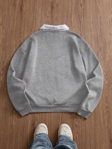 SWAVVY Men's Turndown Collar Button Half Placket Star Letter Print Casual Versatile Long Sleeve Sweatshirt, Autumn/Winter - Grey - View 2