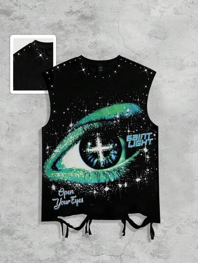 Street Life Punk Style Street Graphic Print Sleeveless Crew Neck Tank Top With Rhinestones And Distressed Details