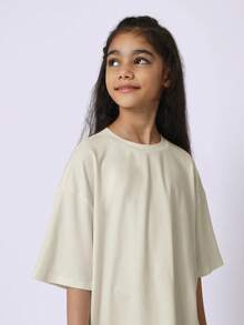 SUMWON Oversized Soft Tee For Girls Relaxed Fit Round Neck Short Sleeve Casual Everyday Top Vacation - Beige - View 4