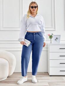 EURMUSE Plus Size Women Casual Everyday Commute Simple Solid Color High Waist Skinny Jeans - Blue - View 3