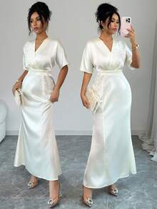 SHEIN Raffinéa Falda maxi de sirena con pliegues y decoración floral elegante para mujer, adecuada para salidas y citas, primavera/verano - Albaricoque - Ver 4
