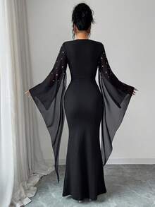 SHEIN Raffinéa Women's Elegant Fitted Beaded Puff Sleeve Party Dress, Autumn/Winter - Black - View 2