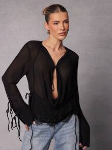 Hauture Women's Sheer Long Sleeve Blouse With Tie Detail And Lace Hem - Black - View 1