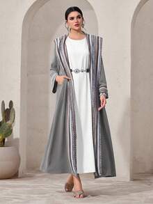 Al Najma Modest Geometric Print Hooded Long Sleeve Arabic Abaya Jacket For Women, Abayas - Grey - View 4