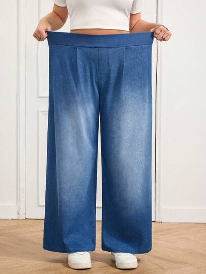 SHEIN CURVE+ Plus Size Women Elastic Waist Wide Leg Loose Casual Jeans
