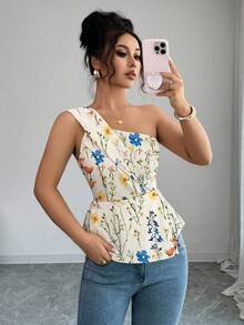 Elenzga Women's Elegant Floral Print Asymmetric Ruffle Top, With Waist Cinching Design To Accentuate Curves And Exude Refined Sophistication. Suitable For Various Occasions, From Formal Work Attire And Commuting, To Sexy, Romantic French Style, Casual Outings, Vacations, Middle Eastern Vintage Themed Events, Cozy Afternoon Tea Gatherings, Glamorous Parties, As Well As New Year, Thanksgiving And Christmas Celebrations. - Apricot - View 5