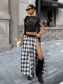 Muchica 时尚格子编织高开衩女裙 - 黑與白 - 查看 4