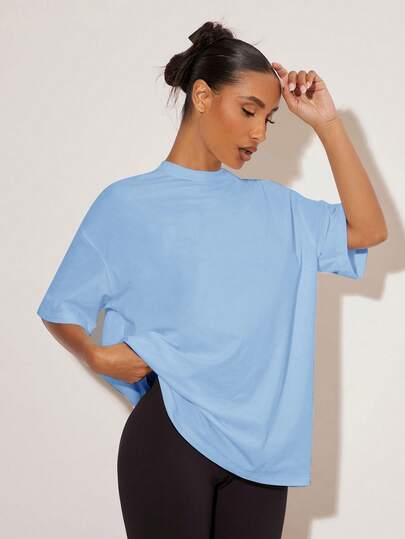 SHEIN BASICS 女士纯色圆领宽松休闲百搭T恤，夏季