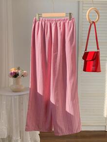 Comfortcana Women's Summer Vacation Pink Striped Drawstring Waist Pants - Red - View 2