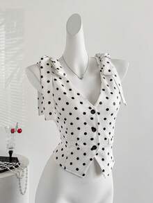 Sweetra 经典黑白波点系列时尚都市性感女士肩部系带蝴蝶结法式优雅通勤百搭早春新款休闲女式薄款西装外套 - 黑與白 - 查看 1