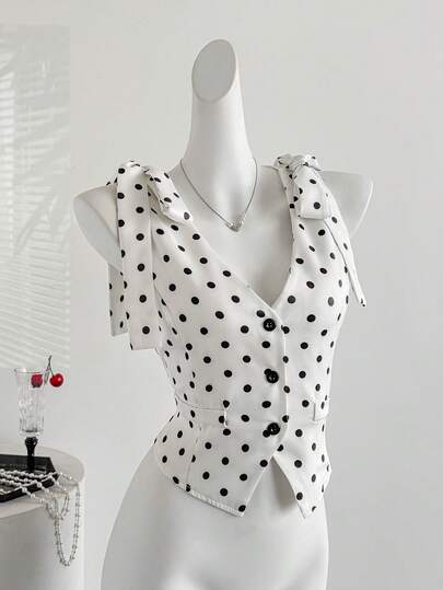 Sweetra Klassisk svart & vit prickig serie Mode urban sexig dam axelknytning rosett fransk elegant pendlare mångsidig tidig vår ny avslappnad damkavaj tunn