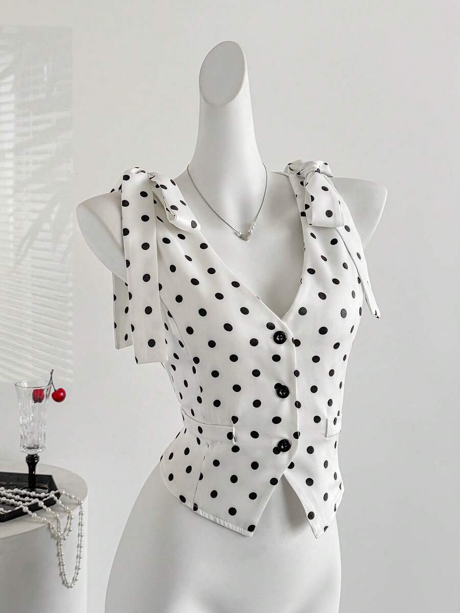 Sweetra 经典黑白波点系列时尚都市性感女士肩部系带蝴蝶结法式优雅通勤百搭早春新款休闲女式薄款西装外套 - 黑與白 - 查看 1
