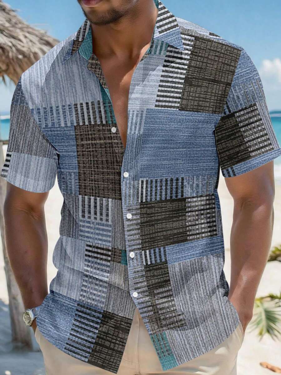 Manfinity RSRT Áo sơ mi nam tay ngắn in họa tiết chắp vá phong cách nghỉ mát mùa hè, trang phục đi biển, trang phục nghỉ lễ, trang phục mùa hè, áo mùa hè, quần áo mùa hè, áo blouse nam, quà tặng cho chồng, quần áo nam, trang phục đi biển cho nam, trang phục nghỉ mát cho nữ, trang phục đi biển cho nam, trang phục nghỉ mát cho nữ, trang phục nghỉ mát cho nam