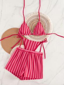 Swim Vcay 3pcs/Set Knitted Party, Beach, New Year Dress, Sexy Beach Dress, Red New Year Winter Christmas Dress, Elegant Summer Women Bikini Swimwear Set - Red - View 2