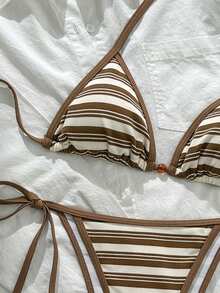 Swim Mod Women's Short Halter Neck Bikini With Tie Side Bottoms Striped Fabric Swimwear Lace Up Details - Multicolor - View 2