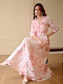 ZEYLAH Jacquard Jacquard Cinched Waist Collared Long Dress, Elegant, Spring/Summer - Pink - View 6