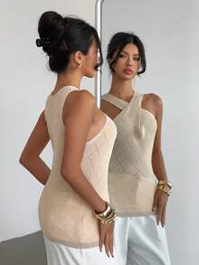 Selianne Elegant Casual Loose Comfortable Apricot Criss-Cross Diamond Pattern Knit Pullover Sweater, Spring/Summer - Apricot - View 2