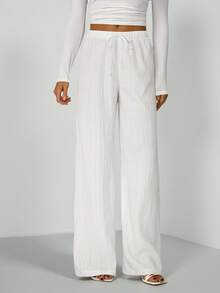 SHEIN Tall Loose Drawstring Waist Trousers In Textured Crinkle Fabric White Wide Leg Pants Women White Linen Pants Women - White - View 11