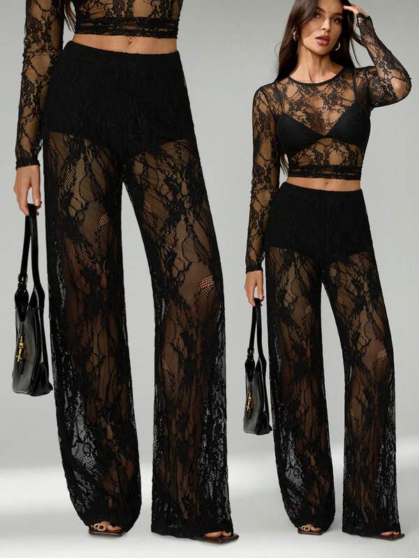SHEIN Tall Women's Solid Color Lace Sheer Long Pants Lace Pants Pants Fashion Pants,Vacation Outfits For Women See Through Pants Lace Outfit WomenVacation Outfits For Women