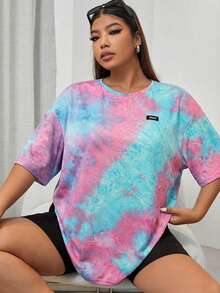 SHEIN EZwear 休闲加大码多色扎染T恤，圆领落肩半袖长款针织拼接上衣，宽松女式T恤，扎染衬衫，女士宽松T恤，彩色女式上衣 - 彩色 - 查看 5
