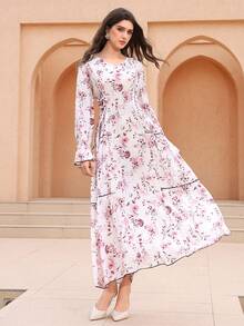 Graceveil V-Neck Elegant Printed Contrast Trim Waist Tie Arabic Style Dress For Women - Multicolor - View 7