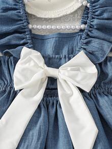 SHEIN Elladie kids 少女甜美可爱沙滩度假夏季短袖蝴蝶结装饰连衣裙，适合日常穿着和度假 - 藍色 - 查看 5