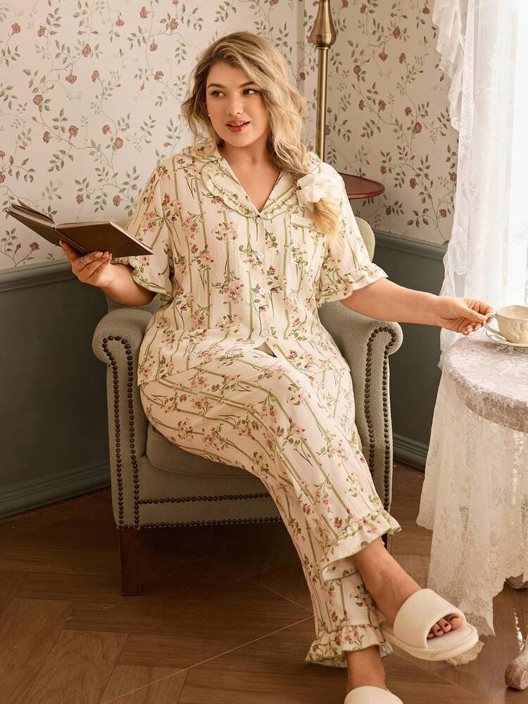 CottageSlumber Striped & Floral Print Plus Size Women Romantic Ruffle Collar Short Sleeve Pajama Set Plus Size Pajama Set - Apricot - View 5