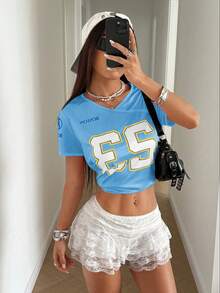 StreetHx Áo thun ngắn tay nữ phong cách đường phố, in chữ phối màu, thích hợp cho mùa xuân/hè. - Màu xanh lam - Xem 5