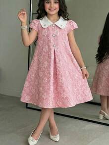 SHEIN Đầm ngắn tay thanh lịch họa tiết hoa jacquard dành cho bé gái tuổi teen - Hồng - Xem 1