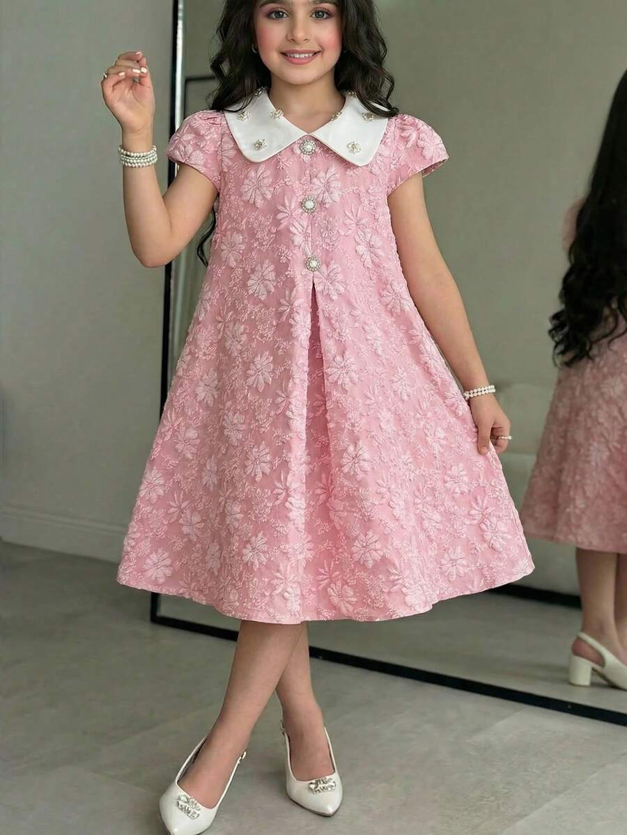 SHEIN Đầm ngắn tay thanh lịch họa tiết hoa jacquard dành cho bé gái tuổi teen - Hồng - Xem 1