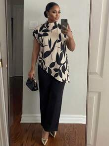 SHEIN Lady CURVE Bộ đồ nữ cỡ lớn thanh lịch in hoa, cổ đứng, tay ngắn, vạt bất đối xứng gồm áo và quần ống rộng, thích hợp cho mùa xuân/hè/thu. - Nhiều màu - Xem 5
