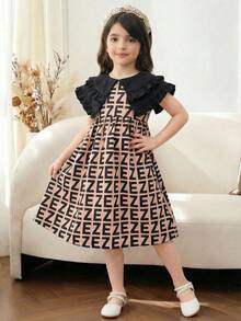 SHEIN Young Girl Elegant Vacation Casual Letter Print Ruffle Hem Sleeveless A-Line Dress - Multicolor - View 6