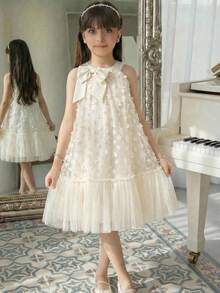 SHEIN Tween Girl Loose Elegant Stand Collar Sleeveless 3D Floral Mesh Ruffle Hem Dress,Kids - Apricot - View 4