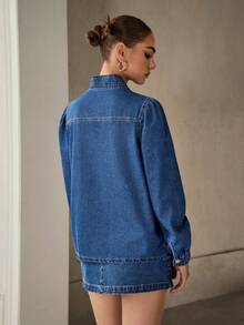 Selenza Women's Elegant Bowknot Strap Lightweight Woven Washed Denim Blouse, Blue - Dark Wash - View 2