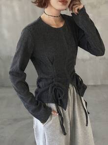 FRIFUL Women's Round Neck Cinched Waist Drawstring Hem Fitted Bowknot Drawstring Textured Fabric Decor T-Shirt, Spring To Summer Clothing - Black - View 4